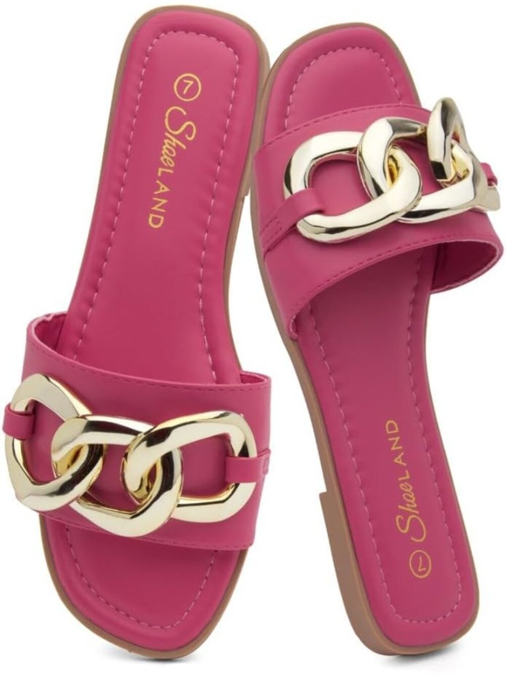 Women's Pink Dressy Slides with Metal Chain Square Open Toe Sandal Summer Flat